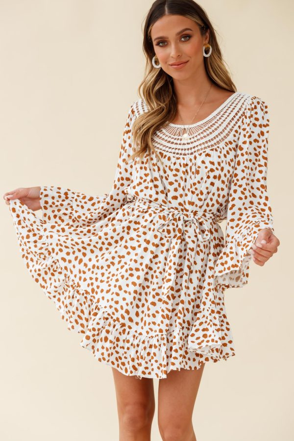 Turn Back Time Long Sleeve Crochet Neckline Dress Animal Print White Brown on Sale