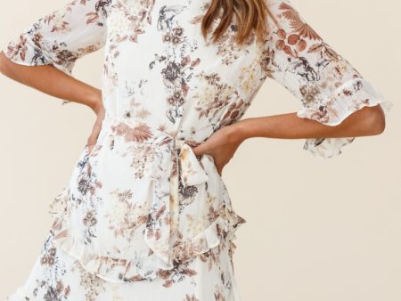 Wife Me Crew Neck Ruffle Insert Dress Floral Print Beige Discount