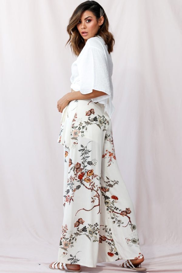 Amanda Wide-Leg Frill Detail Pants Floral Print Beige on Sale