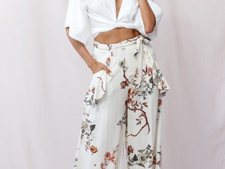 Amanda Wide-Leg Frill Detail Pants Floral Print Beige on Sale