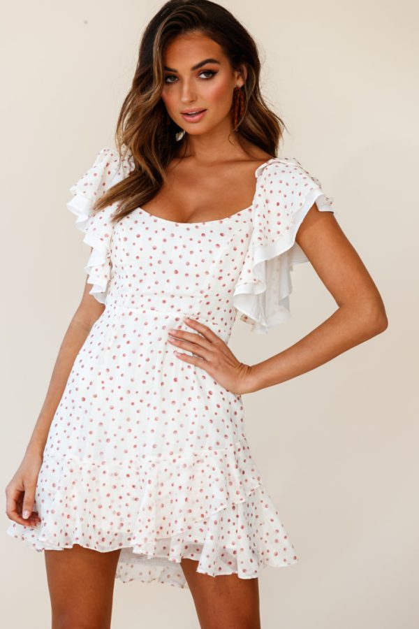 All Or Nothing Flounce Sleeve Lace-Up Back Dress Spot Print White Rose Discount