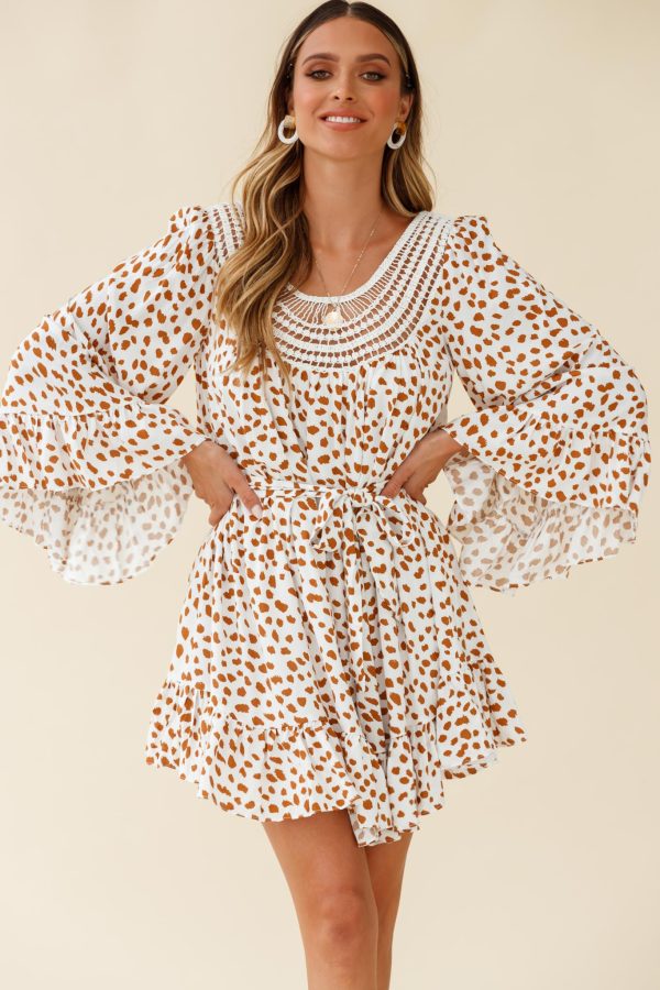 Turn Back Time Long Sleeve Crochet Neckline Dress Animal Print White Brown on Sale