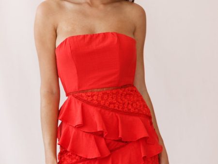 Aramis Strapless Lace & Ruffle Detail Dress Red For Sale