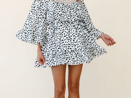 Turn Back Time Long Sleeve Crochet Neckline Dress Animal Print White Black Supply