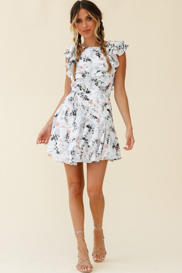 Wilton Ruffle Shoulder A-Line Dress Floral Print White Sale