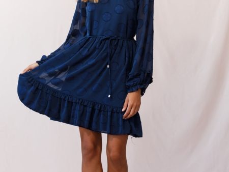 Tracee High Neckline Sheer Sleeve Polka Dot Dress Navy For Sale