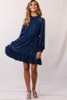 Tracee High Neckline Sheer Sleeve Polka Dot Dress Navy For Sale