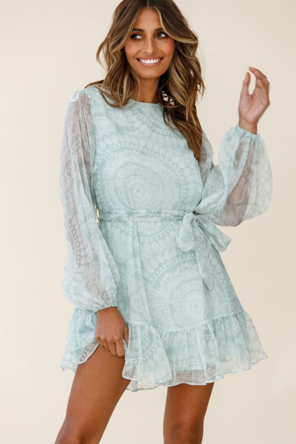 Always & Forever Long Balloon Sleeve Crew Neck Dress Paisley Print Mint For Cheap