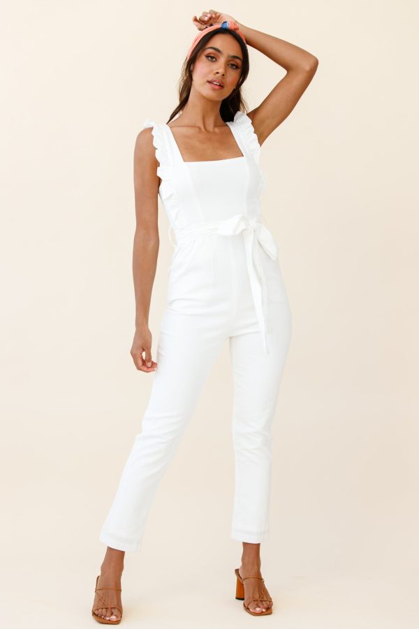 All For Love Square Neckline Ruffle Strap Jumpsuit White For Sale