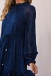 Tracee High Neckline Sheer Sleeve Polka Dot Dress Navy For Sale