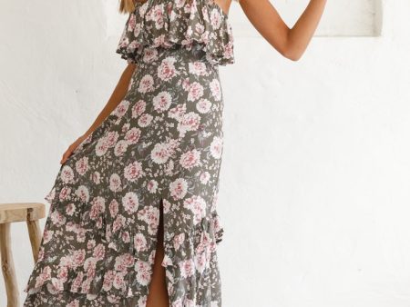 Zulu Frill Bust Front Split Maxi Dress Floral Print Olive Online Hot Sale