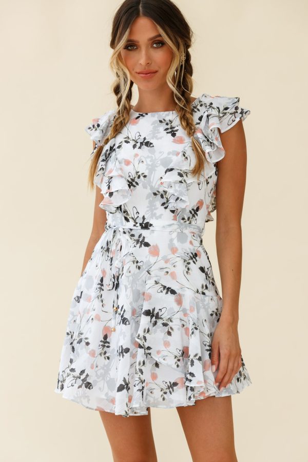 Wilton Ruffle Shoulder A-Line Dress Floral Print White Sale