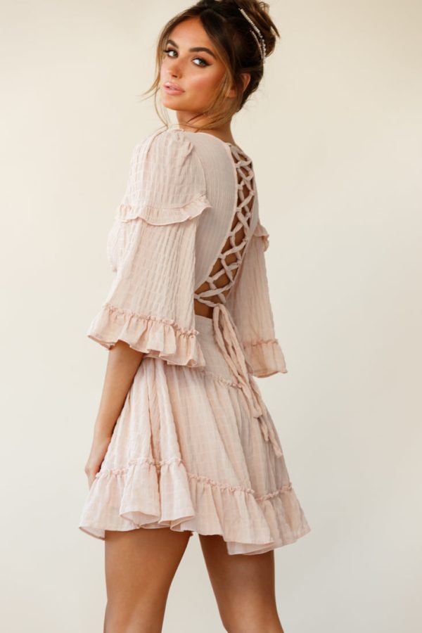 Albany Lace Up Back Frill Dress Shirred Beige Online