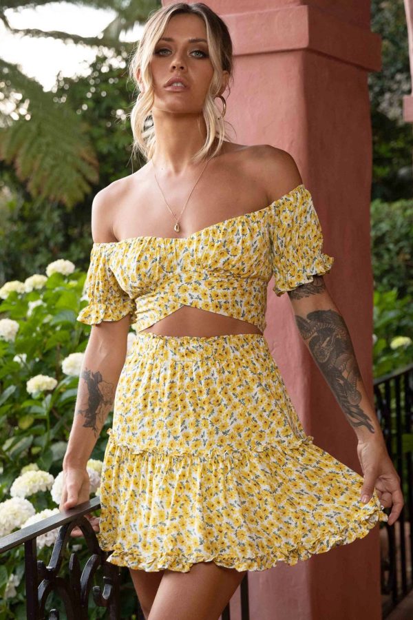 Alexi Frill Trim Mini Skirt Sunflower Print Yellow Online now