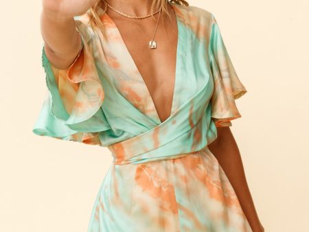 Unconditional Plunging Wrap Style Romper Marbled Tie Dye Aqua Orange For Discount