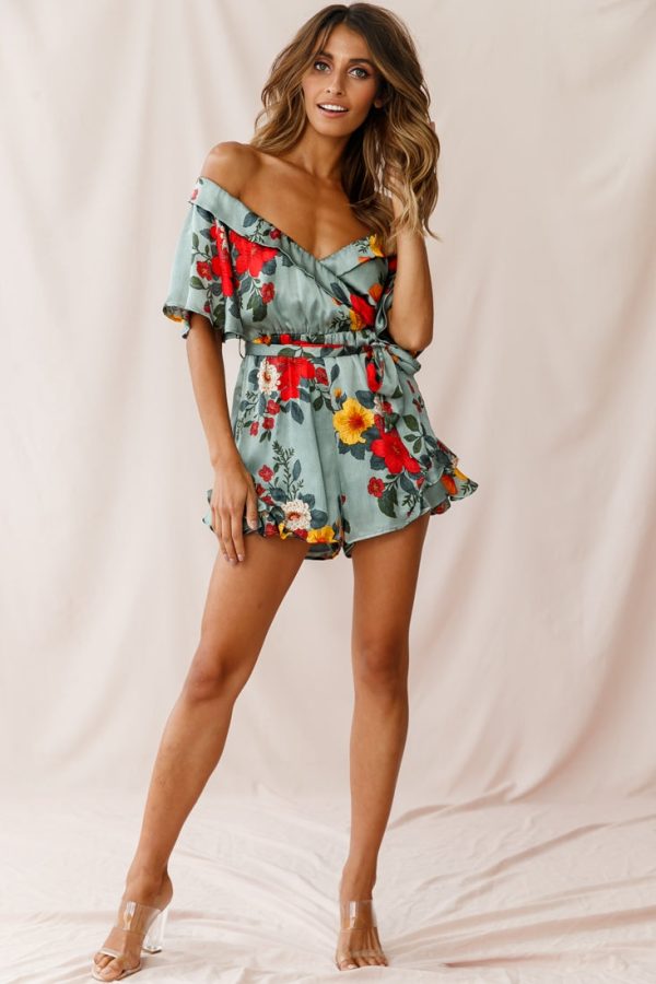 Ambrosia Off-Shoulder Floral Romper Sage on Sale