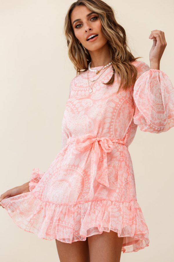 Always & Forever Long Balloon Sleeve Crew Neck Dress Paisley Print Peach For Discount