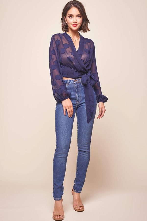 After Hours Sheer Wrap Blouse Navy Online