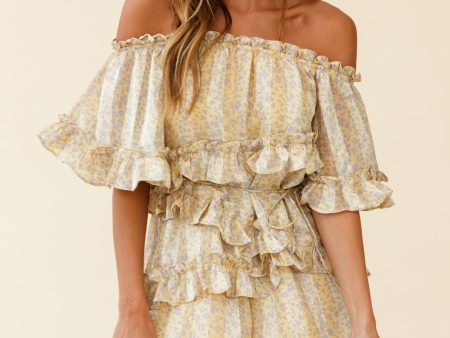 Astoria Bardot Neckline Frill Romper Floral & Stripe Print Yellow Discount