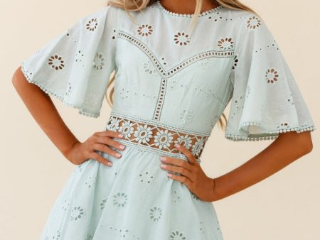 Anais Fluted Sleeve Exposed Back Broderie Anglaise Dress Sage Online Sale