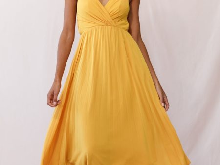 Artemis Accordion Pleat Strappy Back Midi Dress Mustard Hot on Sale