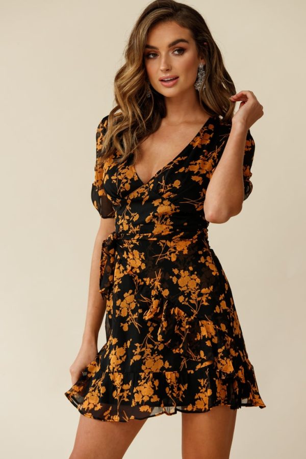 Wonderland Wrap Front Tea Dress Floral Print Black Mustard Online