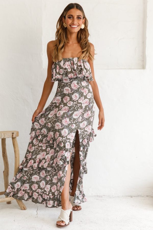 Zulu Frill Bust Front Split Maxi Dress Floral Print Olive Online Hot Sale