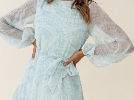 Always & Forever Long Balloon Sleeve Crew Neck Dress Paisley Print Mint For Cheap