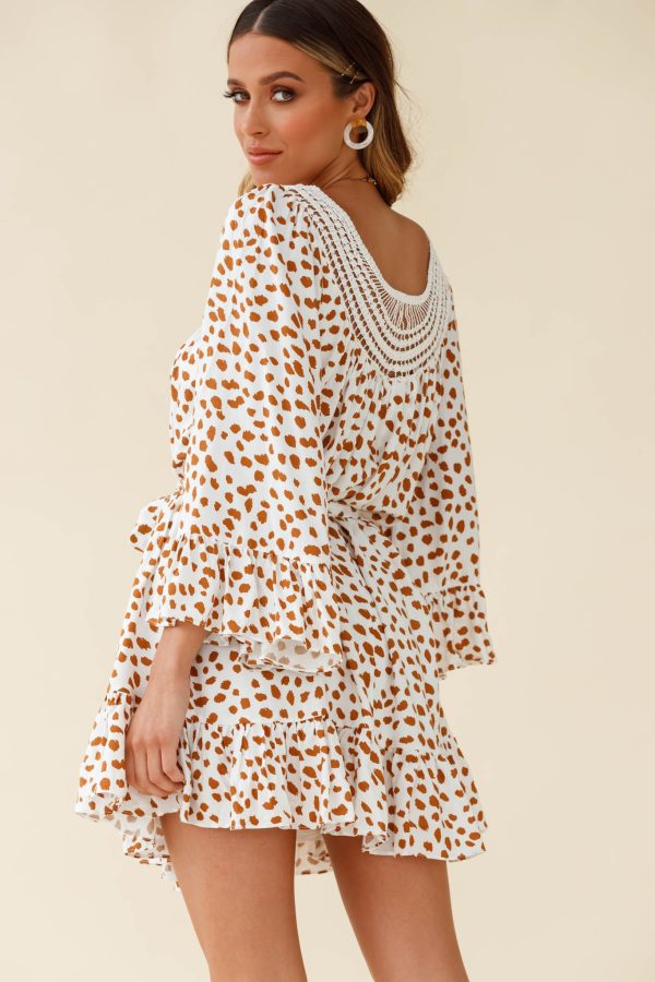 Turn Back Time Long Sleeve Crochet Neckline Dress Animal Print White Brown on Sale