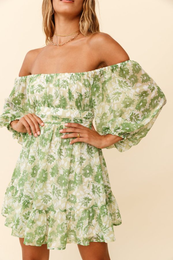 Abby Off-Shoulder Tie-Up Back Dress Floral Print Green Online