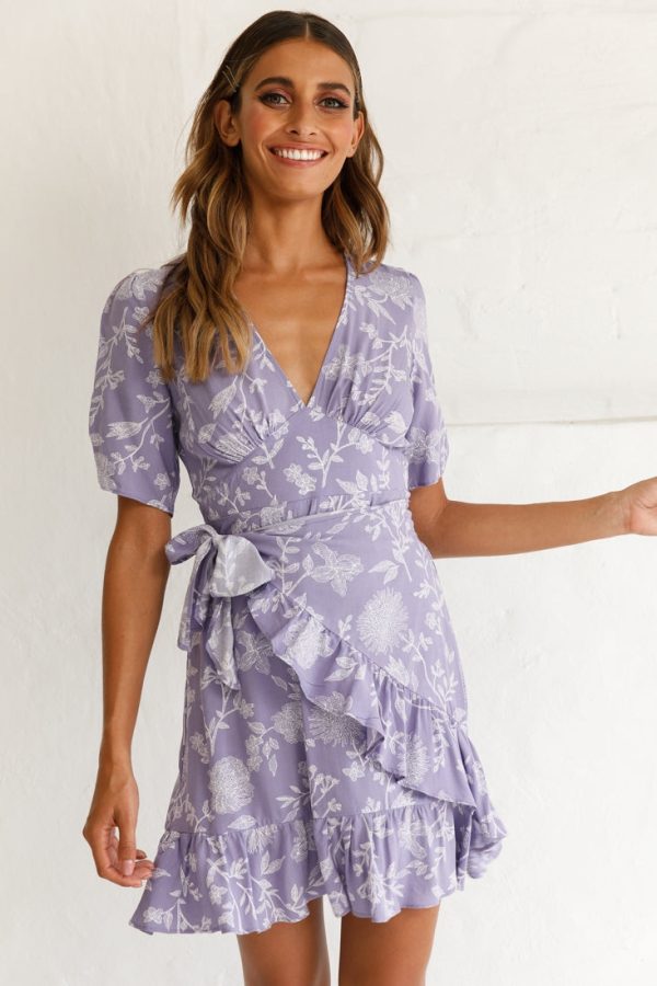 Wonderland Wrap Front Tea Dress Floral Print Lavender Supply