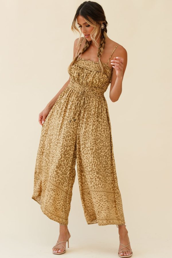 Weekend Escape Cami Strap Drawstring Jumpsuit Animal Print Khaki Online