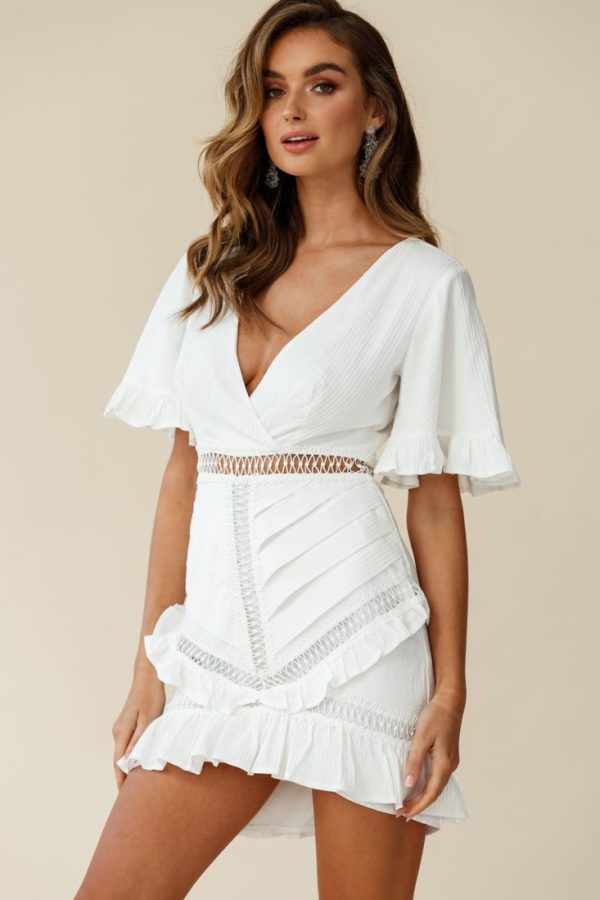 Walk This Way Pintuck Angel Sleeve Dress White on Sale