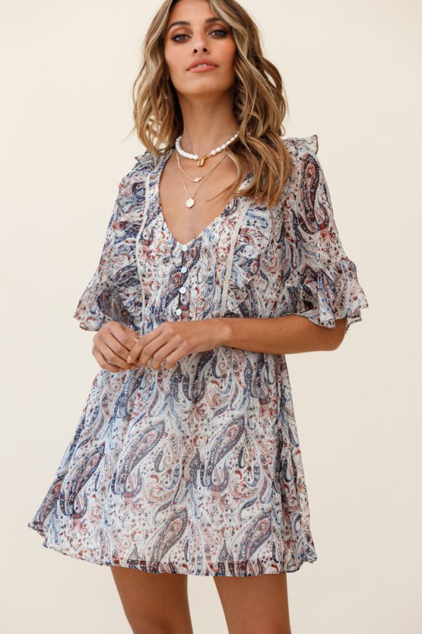 Zora Button Bodice Fluted Sleeve Dress Paisley Print Navy Online