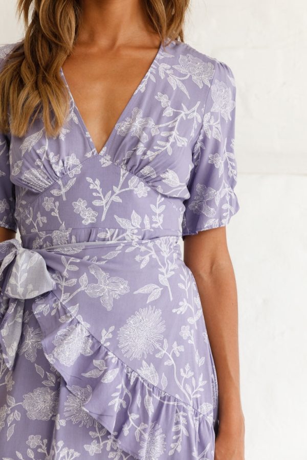 Wonderland Wrap Front Tea Dress Floral Print Lavender Supply