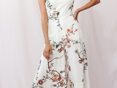 Therese Tied-Shoulder Wide Leg Jumpsuit Floral Print Beige Discount