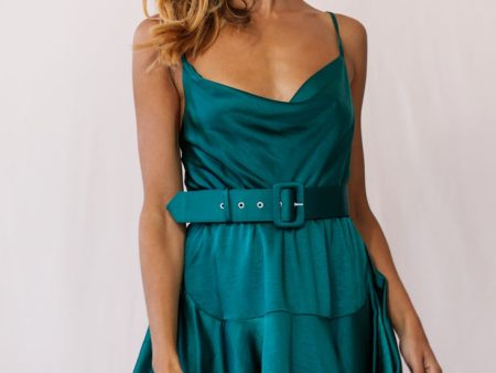 Agent 99 Belted Satin Cowl Neck Dress Forest Green Fashion