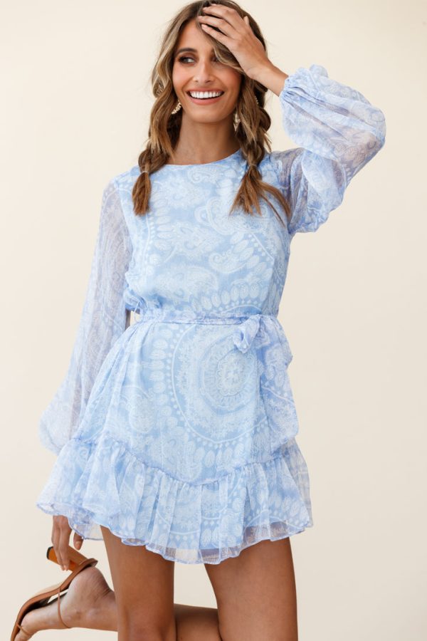 Always & Forever Long Balloon Sleeve Crew Neck Dress Paisley Print Blue For Discount