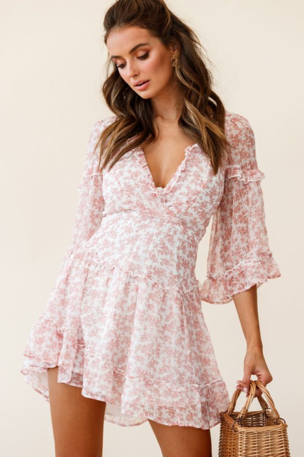 Albany Lace Up Back Frill Dress Tiny Floral Print Pink Online Hot Sale