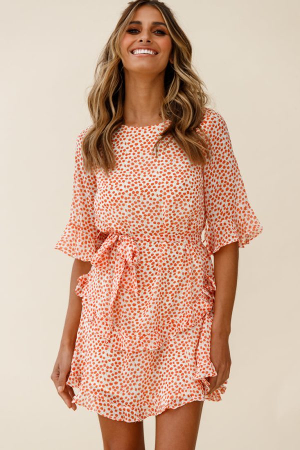 Wife Me Crew Neck Ruffle Insert Dress Polka Dot Orange Supply