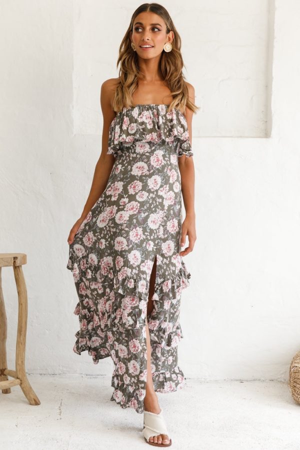 Zulu Frill Bust Front Split Maxi Dress Floral Print Olive Online Hot Sale