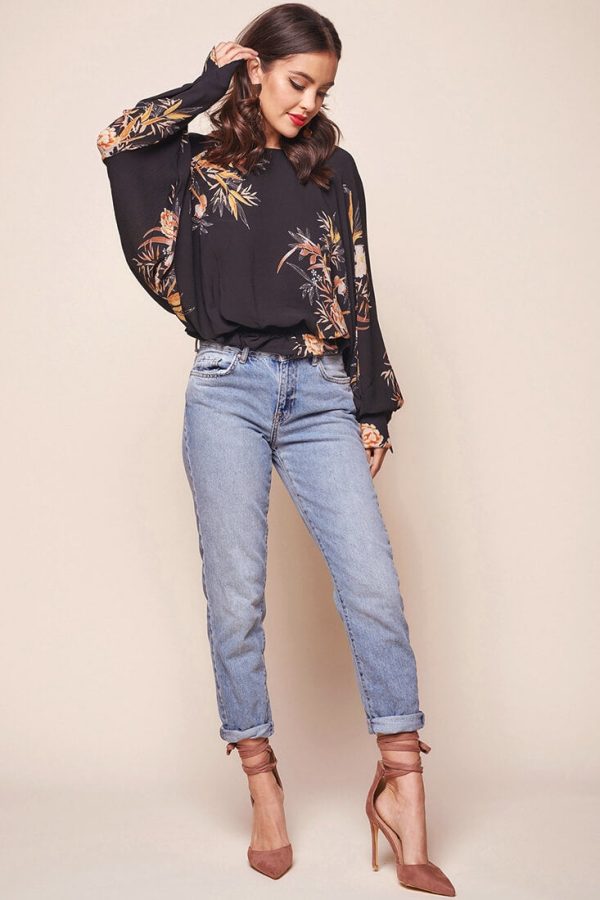 Alejandra Floral Print Bat Sleeve Top Black Supply