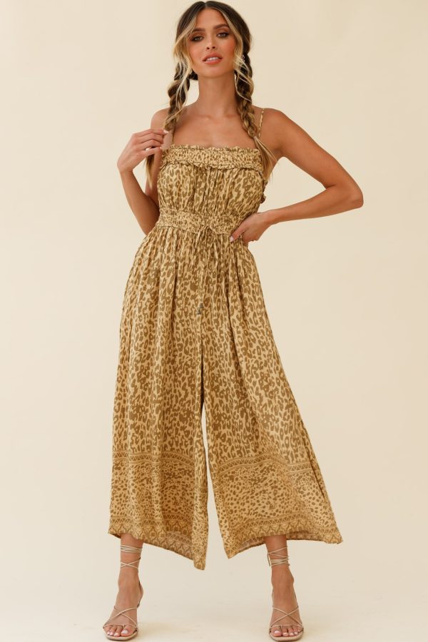 Weekend Escape Cami Strap Drawstring Jumpsuit Animal Print Khaki Online