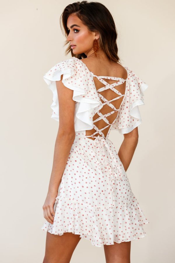 All Or Nothing Flounce Sleeve Lace-Up Back Dress Spot Print White Rose Discount