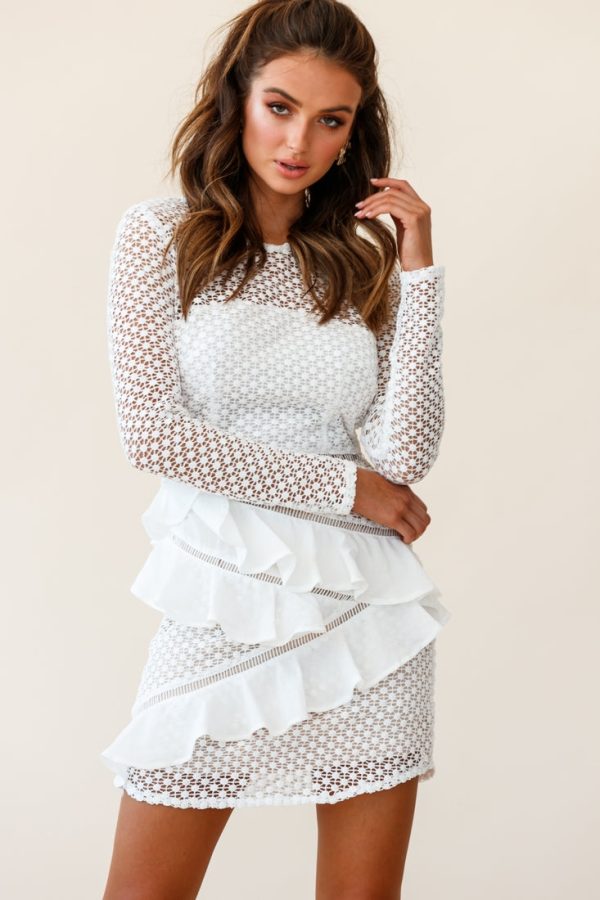 Aramis Long Sleeve Lace & Ruffle Detail Dress White Hot on Sale