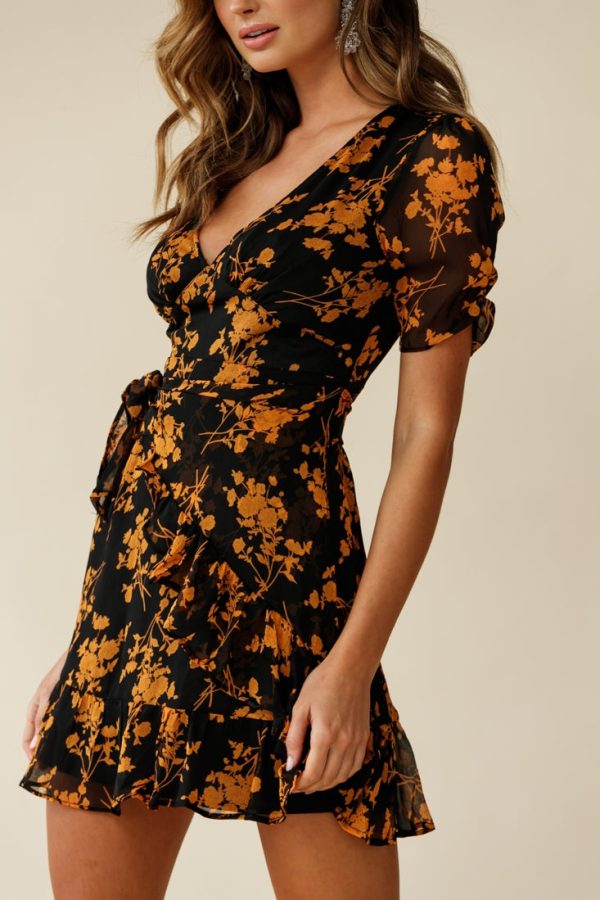 Wonderland Wrap Front Tea Dress Floral Print Black Mustard Online