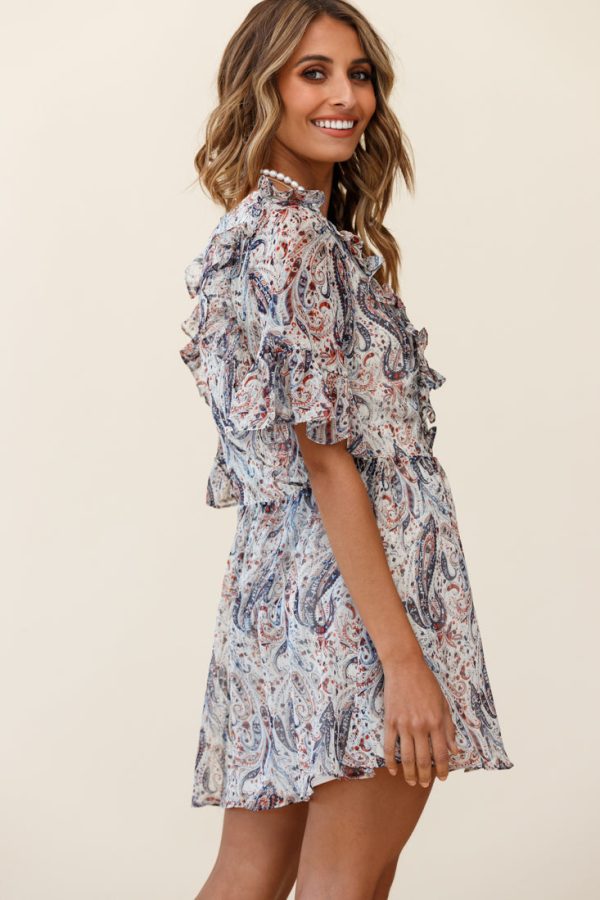 Zora Button Bodice Fluted Sleeve Dress Paisley Print Navy Online