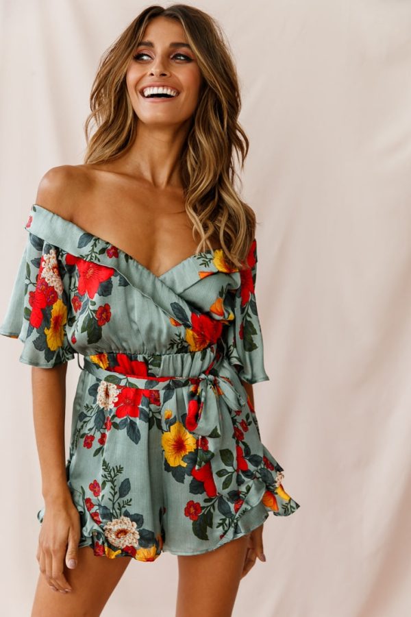 Ambrosia Off-Shoulder Floral Romper Sage on Sale