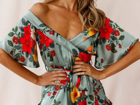 Ambrosia Off-Shoulder Floral Romper Sage on Sale