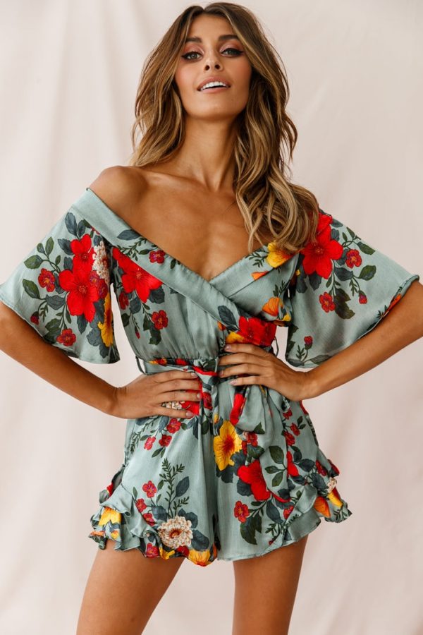 Ambrosia Off-Shoulder Floral Romper Sage on Sale